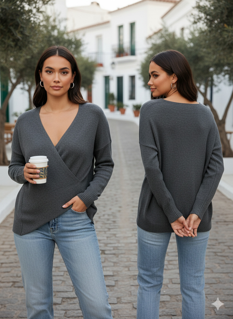 NWT La Mode Criss Cross Gray Sweater top Women's V Neck Pullover Size-XL
